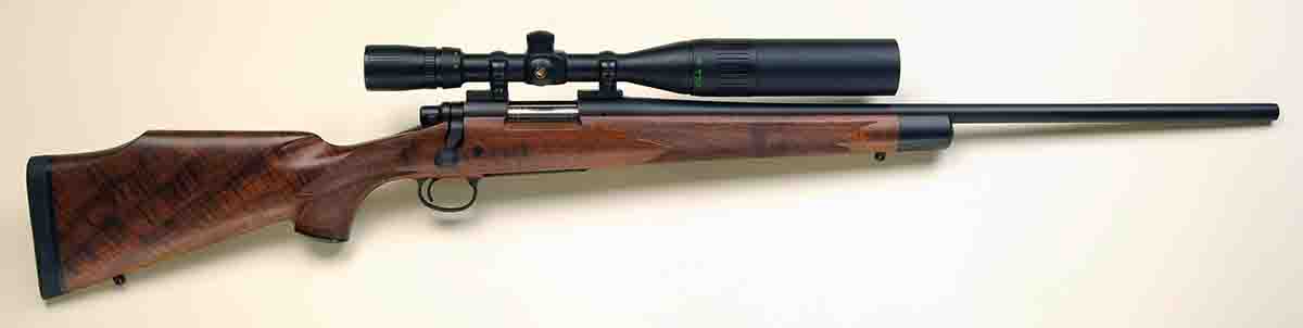 The pride of the Stan’s battery is this Remington Model 700 in the 222 Remington made for him in its custom shop. Fancy wood, fine fit, finish and a high-powered Bausch and Lomb scope are highlights of the very accurate varmint rig.